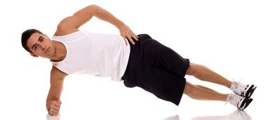Plank (front hold, hover, abdominal bridge) exercise. Studio shot over white.